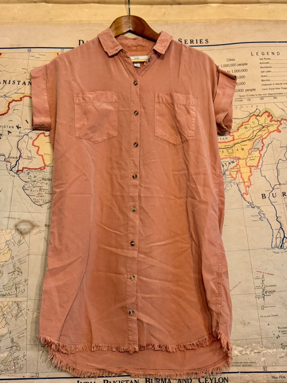 Burnt Orange Tencel Longline Tunic | Fringe Hem | Button Front | Small
